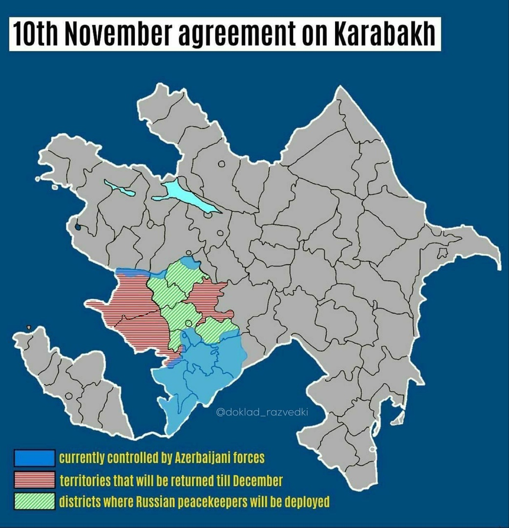 Соглашение по Арцаху. Зеленым цветом обозначены территории, где будут размещены российские миротворцы. Красным, то что уйдет Азербайджану. Синим, то что контролируется Баку сейчас. 