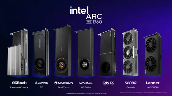 Intel представила 70-ваттную видеокарту с 16 ГБ памяти за 300 долларов и модель с 24 ГБ памяти за 500 долларов. Представлены Arc Pro B50 и B60