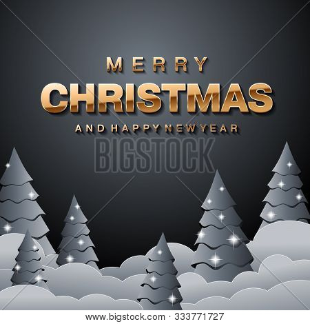 Golden Merry Christmas and Happy New Year lettering on black background. Social media square post vector template or banner. Snow covered sprusec with christmas lights illumination.
