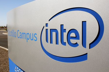 The logo for the Intel Corporation is seen on a sign outside the Fab 42 microprocessor manufacturing site in Chandler, Arizona, U.S., October 2, 2020. REUTERS/Nathan Frandino