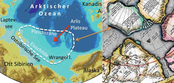 Рис. 7. Район многократного формирования ледниковых щитов на северо-восточном шельфе Азии (белый контур слева) соответствует одной из мифических земель на карте Г. Меркатора (справа).