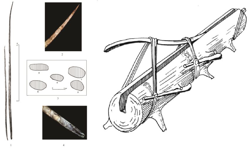 Слева: копья из бивневых стержней, найденные на стоянке Сунгирь, справа: устройство по выпрямлению...