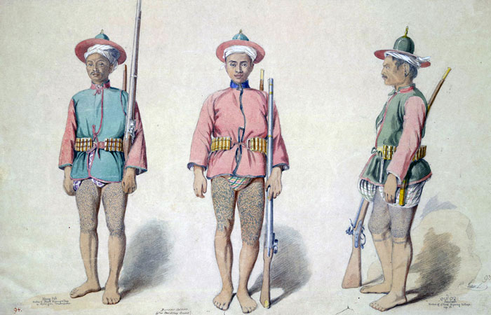 Бирманские пехотинцы времен Второй Англо-Бирманской войны, акварель 1855 года.