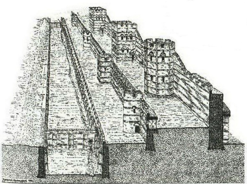 ​Стены Феодосия в разрезе. Показаны три уровня обороны: внутренняя и внешняя стены и ров. русскоедвижение.рф - Третья осада Константинополя | Warspot.ru