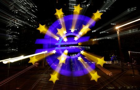 The euro sign is photographed in front of the former head quarter of the European Central Bank in Frankfurt, Germany, April 9, 2019. Picture is taken on slow shutter speed while zooming. REUTERS/Kai Pfaffenbach