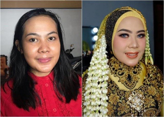 Индонезийские невесты до и после нанесения макияжа Индонезия