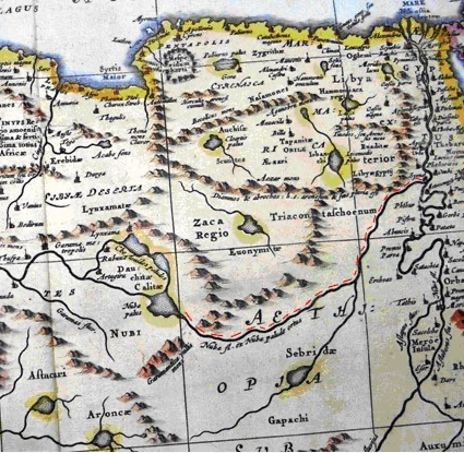 Рис. 1. Нубийский приток Нила (Nuba fl. указан красным пунктиром) на карте 1658 г. из коллекции автора (Janssonius J. Africae Antiquae…// Nouvel Atlas, Amsterdam 1658). 