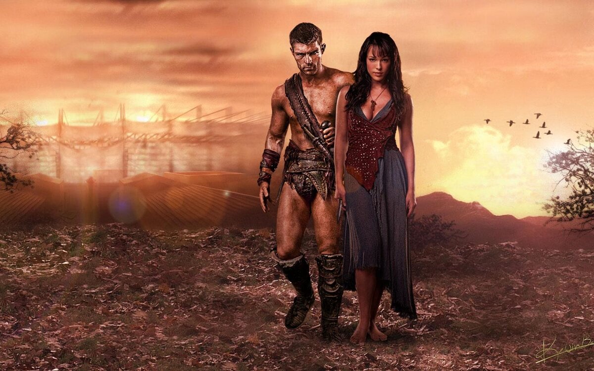 Спартак с супругой на постере сериала.