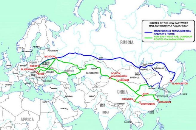 Кратчайший сухопутный путь из Китая в Европу через Россию. Каждый день по этому пути проходит по нескольку составов с грузами из Китая