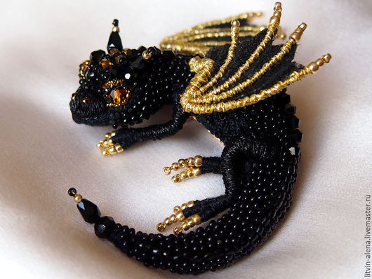 Brooches handmade. Brooch dragon 'Black amber'. Brooch beads. Embroidered dragon. master Alena Litvin. My Livemaster.Dragon