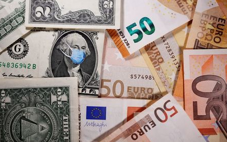 George Washington is seen with printed medical masks on the one Dollar near Euro banknotes in this illustration taken, March 31, 2020. REUTERS/Dado Ruvic/Illustration