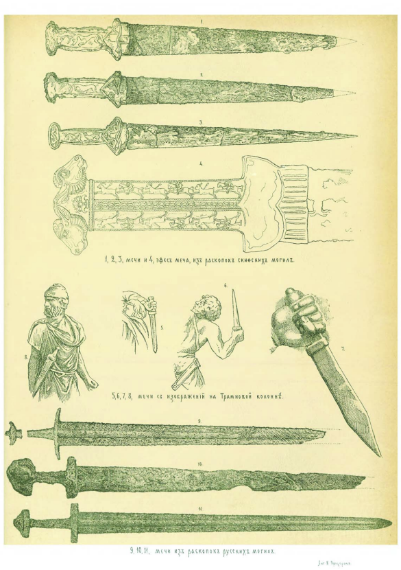 1,2,3,4 - мечи из раскопок скифских курганов; 5,6,7,8 - мечи из изображений на Траяновой колонне, 8,10,11 - мечи из раскопок русских могил