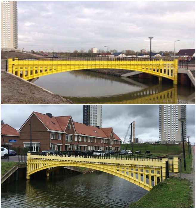 Металлический желтый мост одинаково хорошо выглядит и на фоне современных высоток, и возле коттеджей (Spijkenisse, Голландия). | Фото: m.fotostrana.ru/ boredpanda.com.