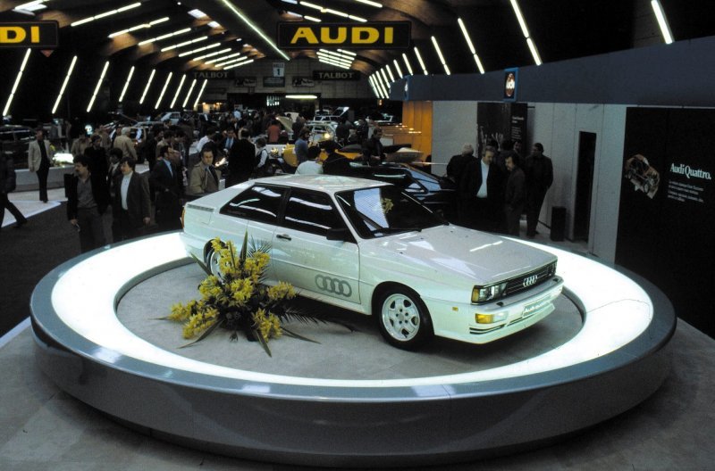 Серийная Audi Quattro на Женевском автосалоне 1980 года. audi, lancia, quattro, авто, автогонки, автоспорт, гонки, ралли