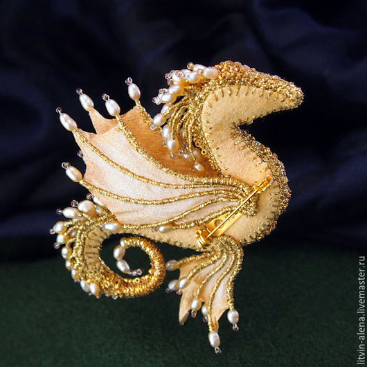 Brooches handmade. Brooch dragon 'Margo'. Brooch beads. Embroidered dragon. Golden dragon. master Alena Litvin. My Livemaster.