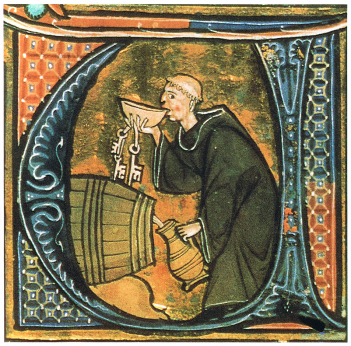 Средневековый монах дегустирует вино или пиво, конец XIII века. | Фото: en.wikipedia.org.