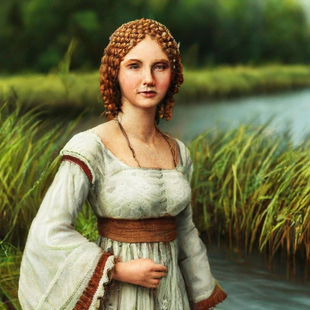 Крестьянка из Средневековой Европы у реки с камышами