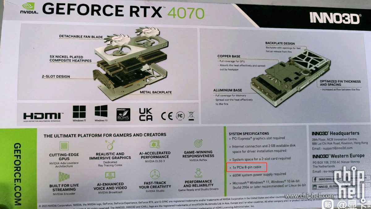 Первая двухвентиляторная видеокарта линейки GeForce RTX 40 и единственная со стандартным 8-пиновым разъемом питания. Рассекречена GeForce RTX 4070