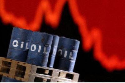 A model of 3D printed oil barrels is seen in front of displayed stock graph going down in this illustration taken, December 1, 2021. REUTERS/Dado Ruvic/Illustration REFILE - CORRECTING INFORMATION