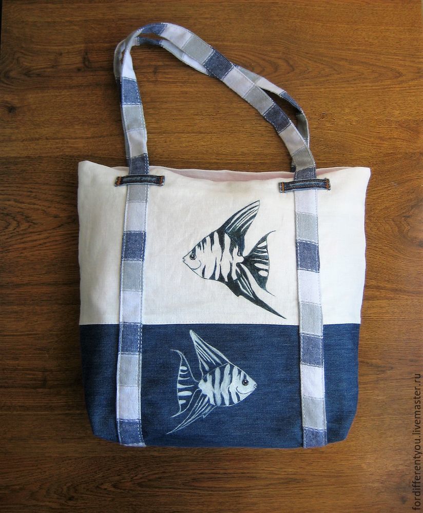 Создаем стильную сумку «Море зовет» своими руками сумки, ткани, ручки, полотна, чтобы, строчку, сумку, деталь, часть, прокладываем, краски, белой, через, детали, ручек, части, стороны, пляжной, внешнюю, рисунок