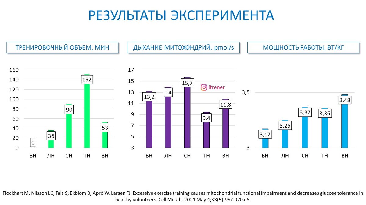 Рисунок 2. Изменение тренировочного объема, дыхания митохондрий и мощности работы.