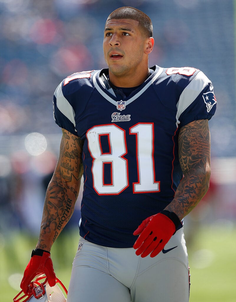 Aaron Hernandez #81 of the New England Patriots practices before a game against the Arizona Cardinals at Gillette Stadium on September 16, 2012 in Foxboro, Massachusetts.