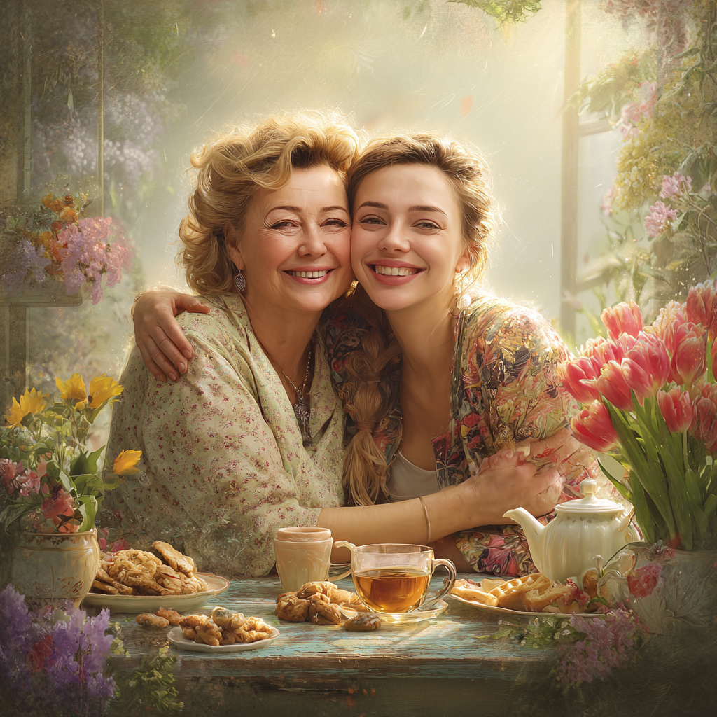 Как сделать открытку на 8 Марта из вашего фото с подругой, мамой и дочкой — готовые промты для нейросети Марта, открытку, исходного, черты, основе, загруженного, Главное, максимально, точно, искажений, сохрани, открытка, стиле, Стиль, надпись, цветущем, атмосфера, Вокруг, праздником, нежной