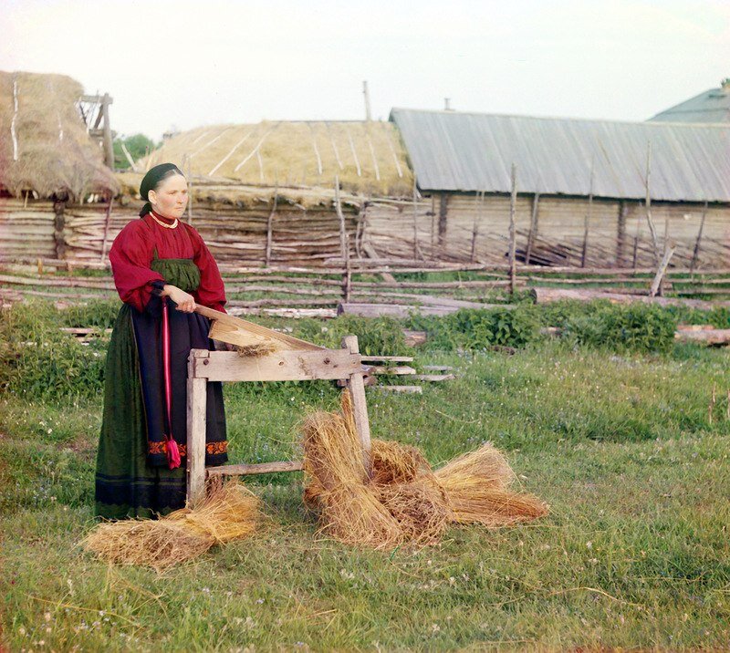 Крестьянка мнет лен. Пермская губерния, 1907 год