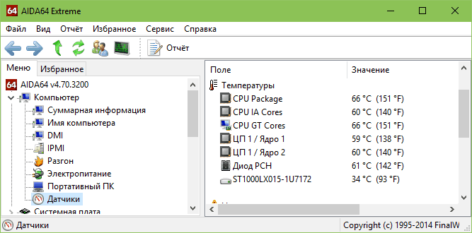 Температуры устройств в программе AIDA64.