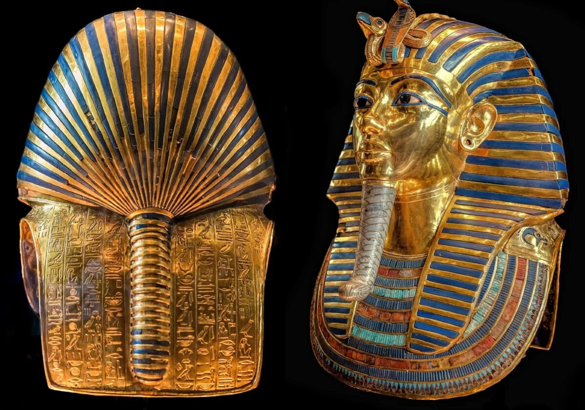 Золотая маска древнеегипетского фараона Тутанхамона (правил 1334-1325 до н.э.). Сейчас маска украшенная огромным количеством драгоценных камней и металлов находится в Египетском музее в Каире и считается одной из самых известных произведений искусств в мире. 
