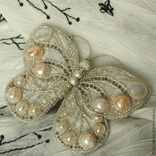 Brooches handmade. Brooch 'Wet snow'. Brooch of pearls and beads. Brooch butterfly. master Alena Litvin. Online shopping on My Livemaster.