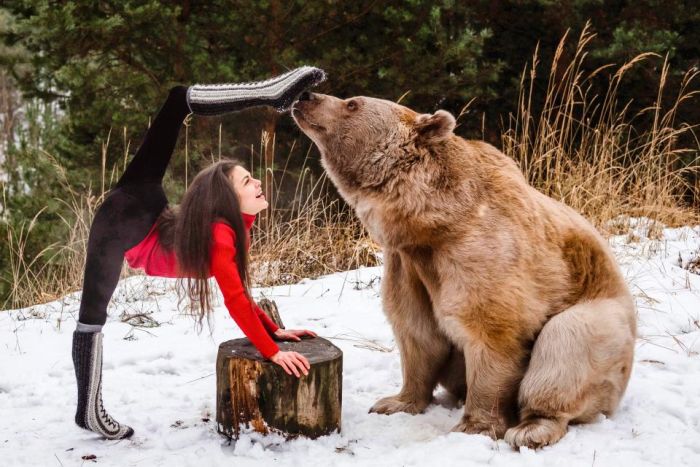 Красивая гимнастка и медведь красивые девушки,красивые фотографии,приколы,прикольные картинки