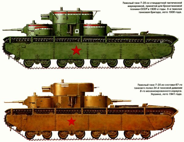 Тяжелые танки Т-35 различной тактической маркировки и в разной маскировочной окраске.