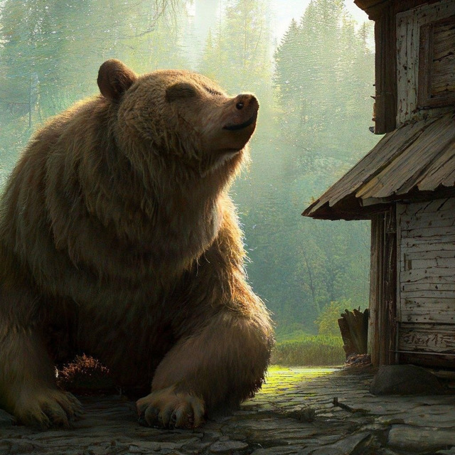 Медведь возле избушки в лесу