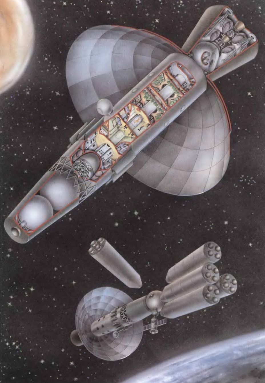 ​Тяжёлый межпланетный корабль в варианте 1963 года, предусматривавшем сборку на околоземной орбите. Рисунок М. Шмитова по эскизам В. Бугрова. Иллюстрация из книги «Марсианский проект С.П. Королёва» (2007) - «Вперёд — на Марс!» | Warspot.ru