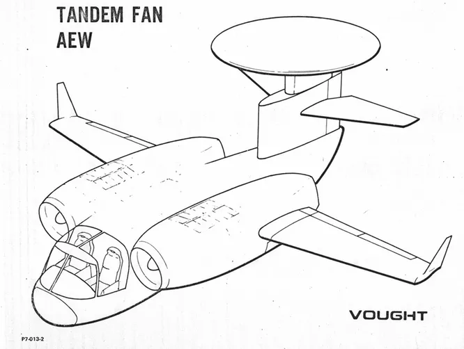 Один из ранних проектов, разработанных в Vought, демонстрирует не самое обычное размещение обтекателя вращающегося радара - на хвосте самолёта. Также его планировали устанавливать и на V-530 