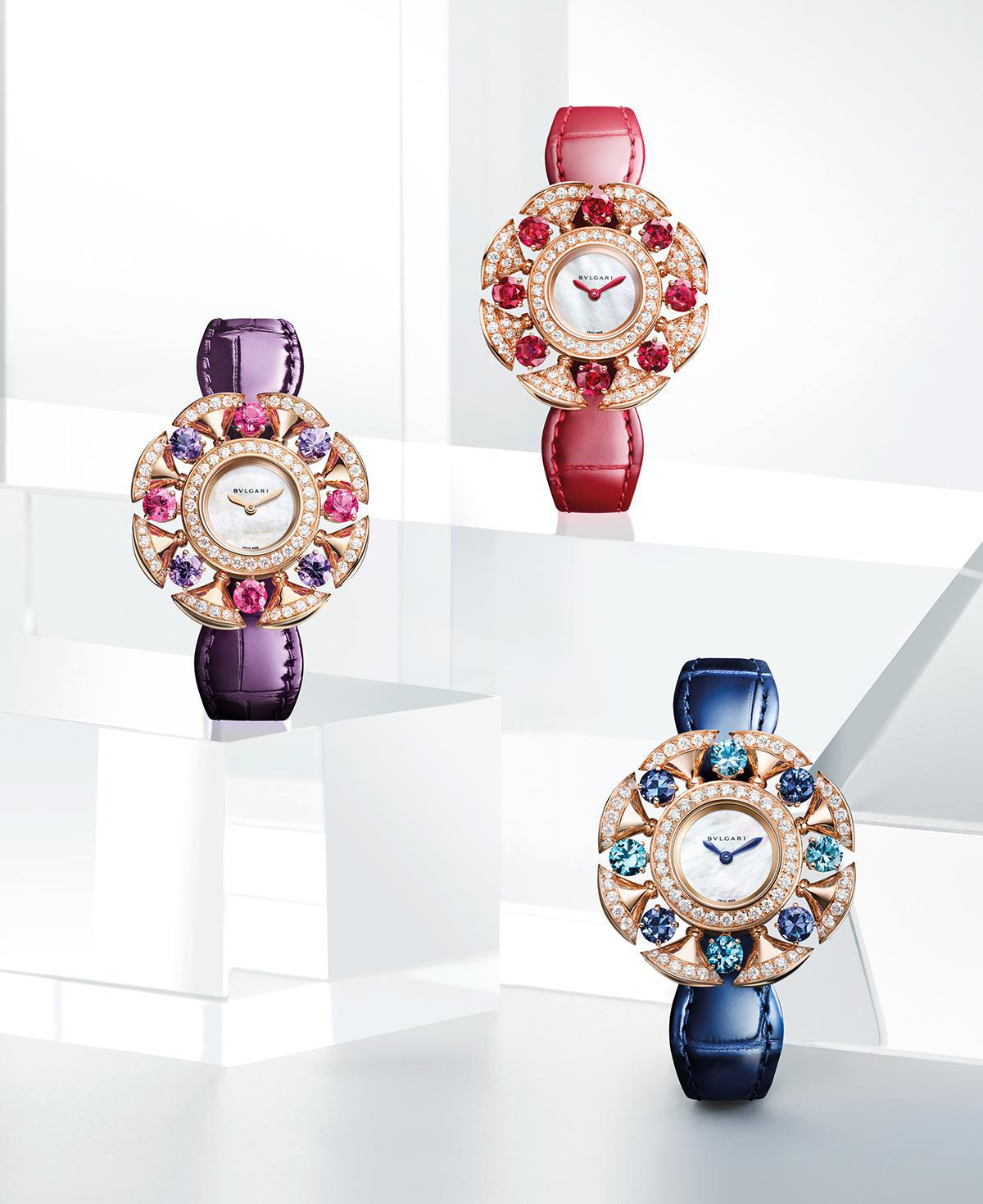 Слева направо: часы Divas' Dream Amethyst & Tourmaline; часы Divas' Dream Diamond & Ruby; часы Divas’ Dream Topaze & Tanzanite, коллекция Divas' Dream, Bulgari