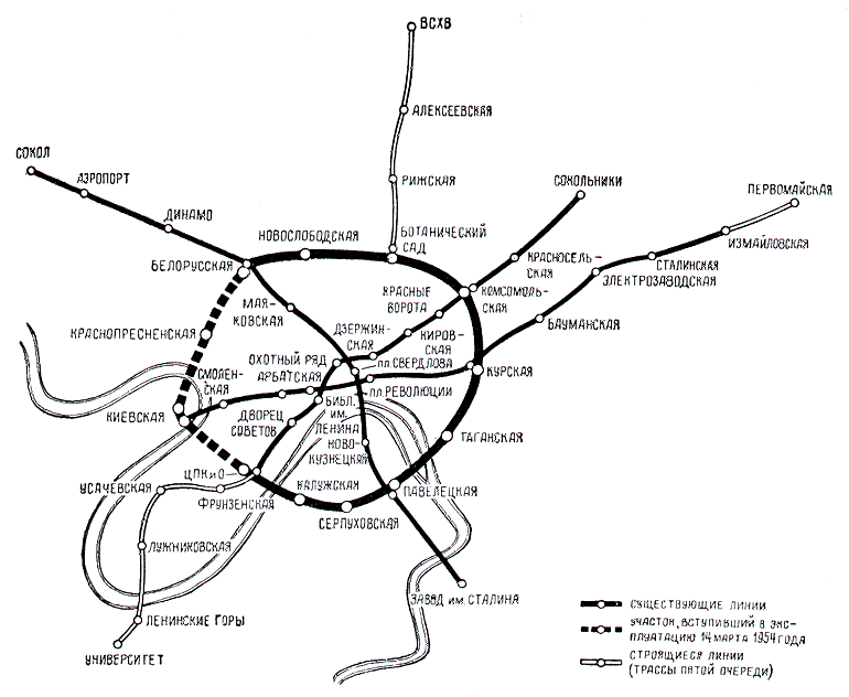  Схема 1954 года, где Большое Кольцо ещё не замкнуто карта, метро, схема