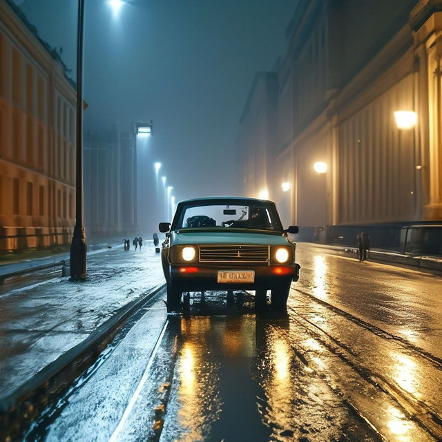 1989 год, ночь, дождь, московский переулок, одинокий автомобиль
