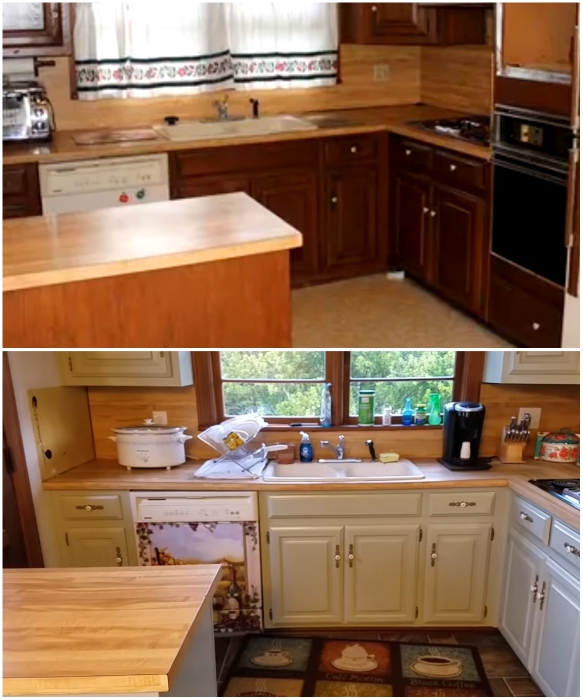 Старый кухонный гарнитур из натурального дерева решили сделать более современным. | Фото: youtube.com/ Lisa Capen Quilts.