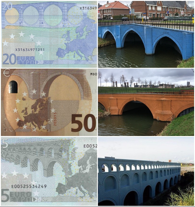 Вымышленные мосты с купюр евро обрели реальные очертания в голландском городке Спейкениссе. | Фото: boredpanda.com/ m.fotostrana.ru.