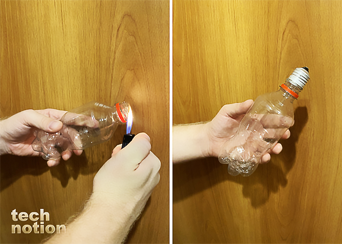 При помощи пластиковой бутылки можно вытащить цоколь от лопнувшей лампочки, предварительно расплавив горлышко / Изображение: дзен-канал technotion