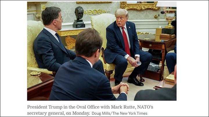 Дональд Трамп и Марк Рютте на встрече в Овальном кабинете Белого дома. Скриншот страницы сайта nytimes.com