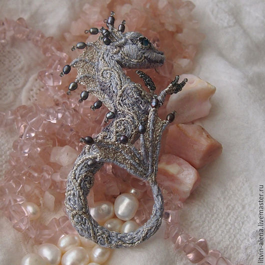 Brooches handmade. Brooch dragon 'Dancing pearl' Brooch beads. Embroidered dragon. master Alena Litvin. My Livemaster.Dragon