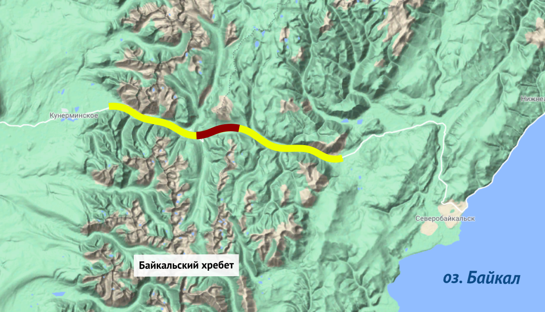 Желтая линия – вся протяженность сквозь Байкальский хребет, красная – отрезок Байкальского тоннеля