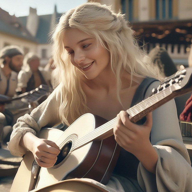 Средневековая бродячая артистка играет на гитаре и поет
