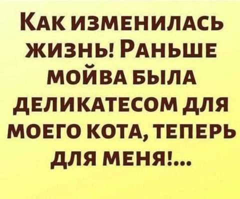 Возможно, это изображение (один или несколько человек и текст «как изменилась жизнь! раньше мойва была деликатесом для моего KOTA, теперь для меня!...»)