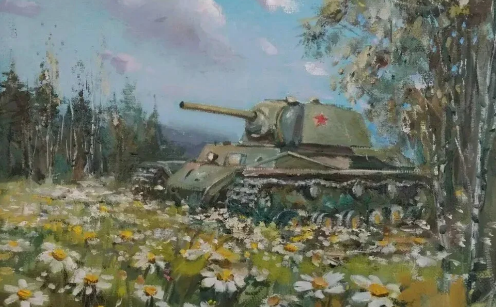 Маскировка легендарного Т-34 в лесной местности. Картина, которая наглядно показывает правильность выбора цвета окраски советского танка