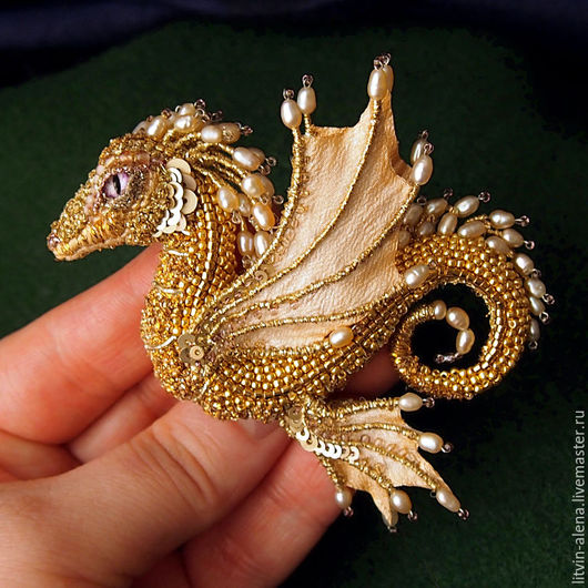 Brooches handmade. Brooch dragon 'Margo'. Brooch beads. Embroidered dragon. Golden dragon. master Alena Litvin. My Livemaster.