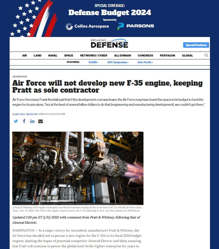 Конгресс США: "ВВС не будут разрабатывать новый двигатель для F-35". Одной из причин отказа указывается дороговизна дальнейшего финансирования, что может угрожать уменьшением средств на программу разработки истребителя 6 поколения. 